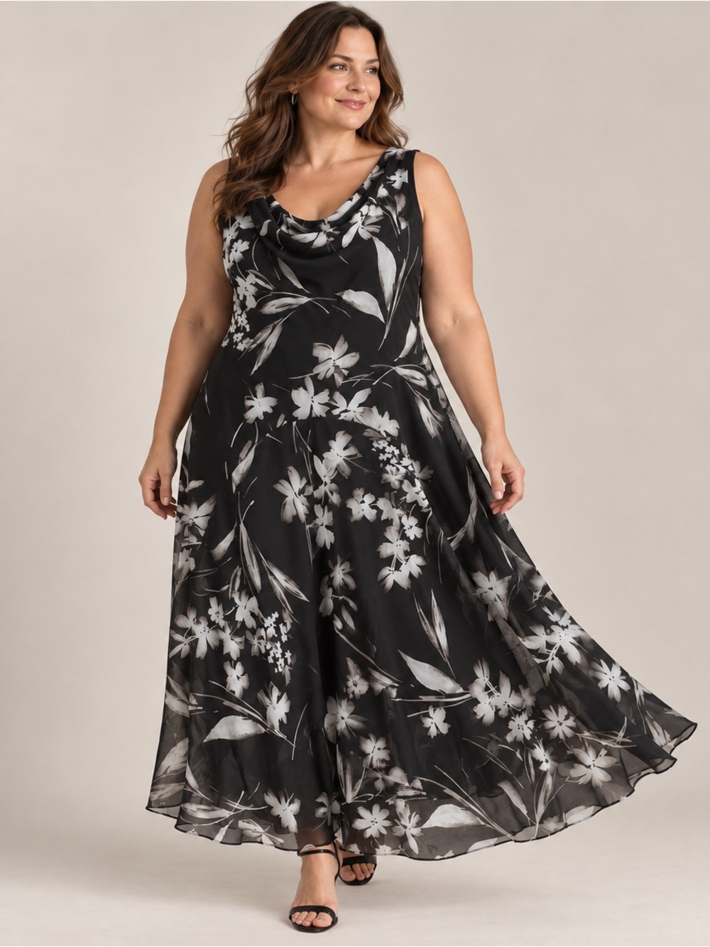 Robbie Bee Floral Cowl Neck Maxi Dress 16 Black White Chiffon Feminine Ethereal